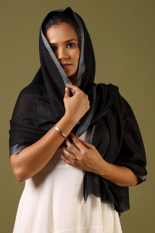 Striped Border Pashmina Stole | Black with white border