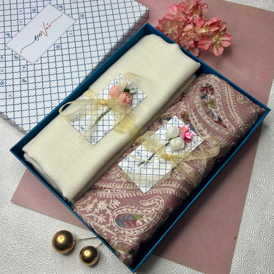 OMVAI Embroidery Pashmina Stole Combo Gift Set in Pure Cashmere wool - Natural Sand Embroidered Stole with Ivory Green Solid Stole (Set of 2 - For HIM and for HER)