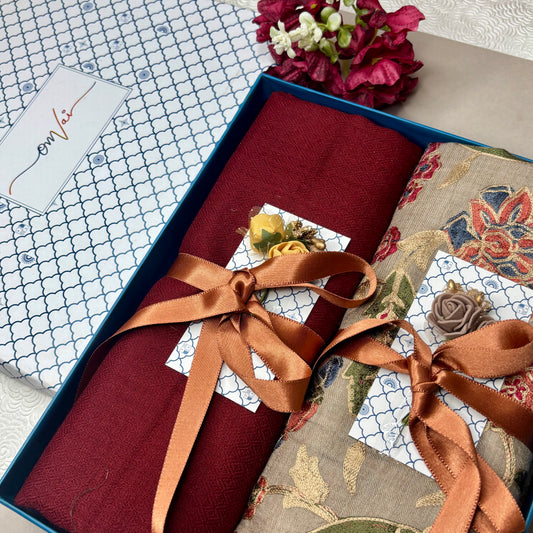 OMVAI Embroidery Pashmina Stole Combo Gift Set in Pure Cashmere wool - Natural Embroidered Stole with Red Solid Stole (Set of 2 - For HIM and for HER)