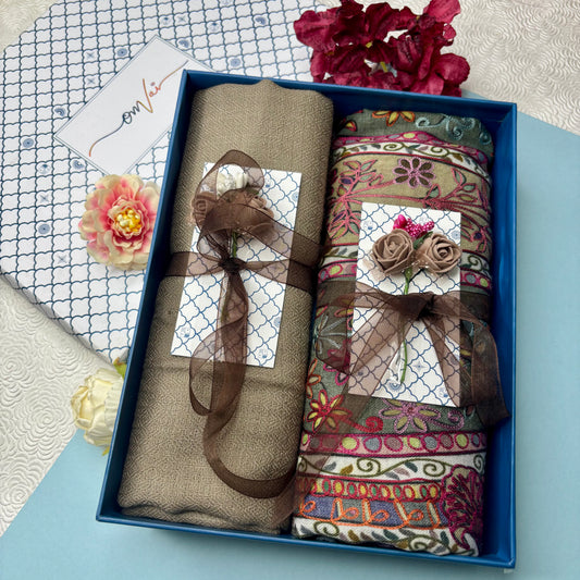 OMVAI Pashmina Stole Combo Gift Set in Pure Cashmere wool - Natural Sand Kalamkari Kani with Embroidery and solid (Set of 2 - For HIM and for HER)