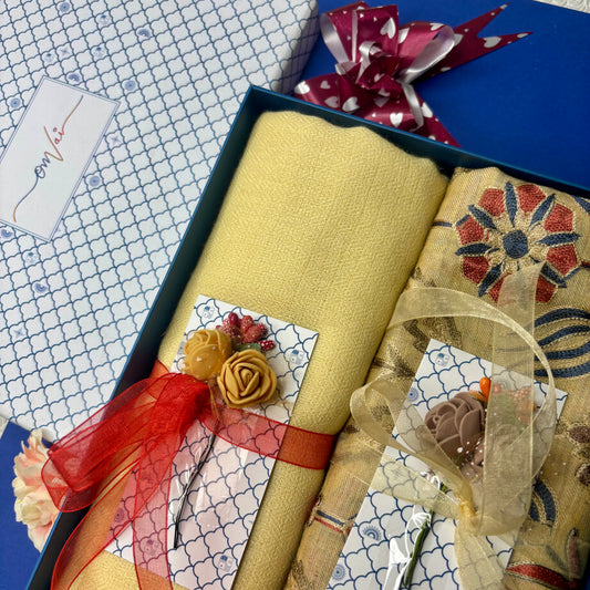 OMVAI Embroidery Pashmina Stole Combo Gift Set in Pure Cashmere wool - Buttercup Yellow Embroidered Stole with Buttercup Yellow Solid Stole (Set of 2 - For HIM and for HER)