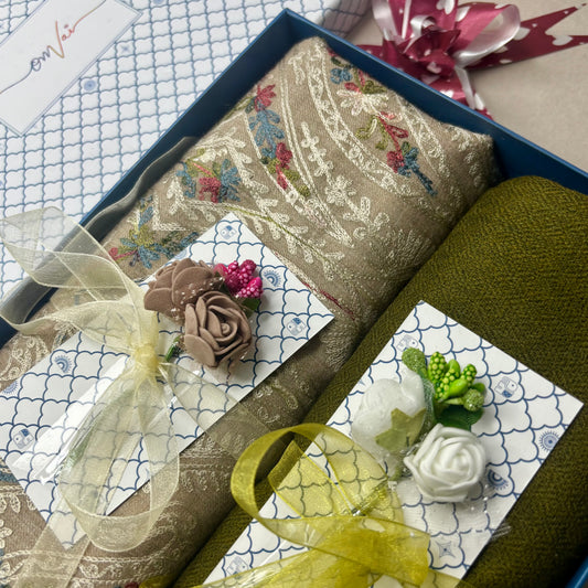 OMVAI Embroidery Pashmina Stole Combo Gift Set in Pure Cashmere wool - Natural Sand Embroidered Stole with Sage Green Solid Stole (Set of 2 - For HIM and for HER)