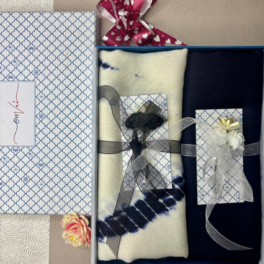 OMVAI Hand Block Tie Dye Pashmina Stole Combo Gift Set in Pure Cashmere wool with Blue Solid Stole (Set of 2 - For HIM and for HER)