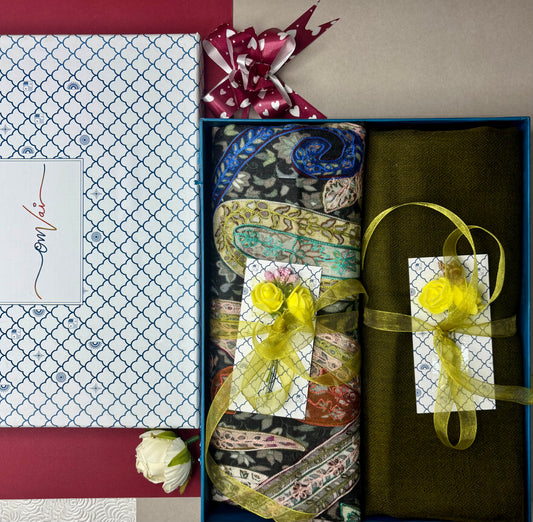 OMVAI Pashmina Stole Combo Gift Set in Pure Cashmere wool - Sage Green Kalamkari Kani with Embroidery and solid (Set of 2 - For HIM and for HER)