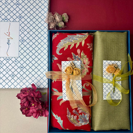 OMVAI Embroidery Pashmina Stole Combo Gift Set in Pure Cashmere wool - Crimson Red Embroidered Stole with Sage Green Solid Stole (Set of 2 - For HIM and for HER)