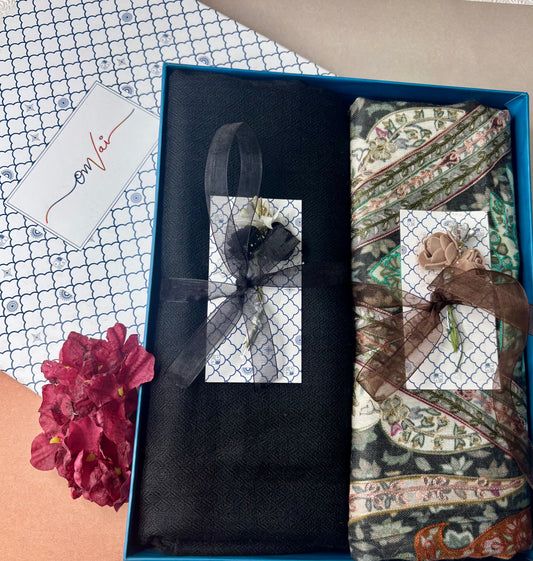 OMVAI Pashmina Stole Combo Gift Set in Pure Cashmere wool - Black Kalamkari Kani with Embroidery and solid (Set of 2 - For HIM and for HER)