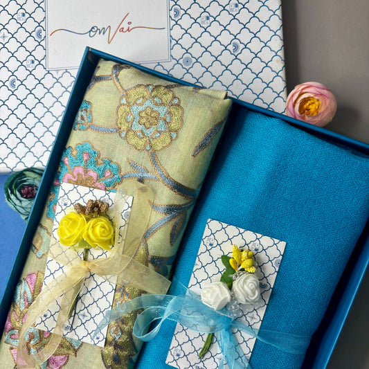 OMVAI Embroidery Pashmina Stole Combo Gift Set in Pure Cashmere wool - Artichoke Embroidered Stole with Powder Blue Solid Stole (Set of 2 - For HIM and for HER)