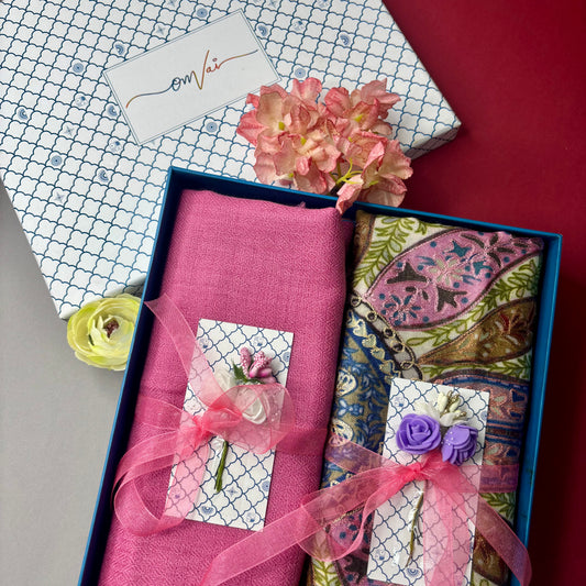 OMVAI Pashmina Stole Combo Gift Set in Pure Cashmere wool - Pretty Pink Kalamkari Kani with Embroidery and solid (Set of 2 - For HIM and for HER)