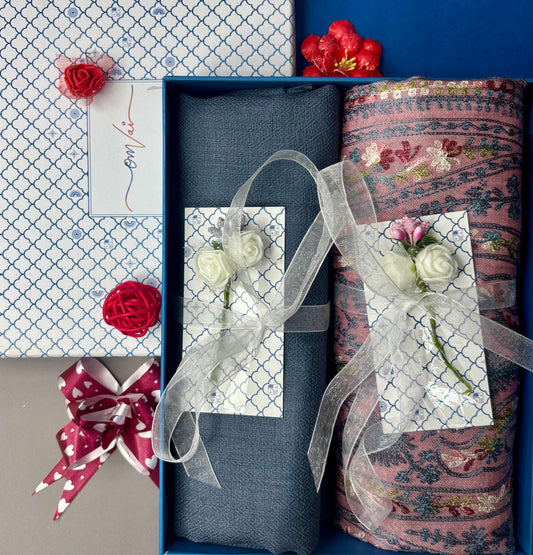 OMVAI Embroidery Pashmina Stole Combo Gift Set in Pure Cashmere wool - Blush Pink Embroidered Stole with Steel Blue Solid Stole (Set of 2 - For HIM and for HER)
