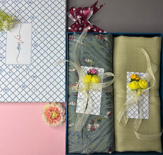 OMVAI Embroidery Pashmina Stole Combo Gift Set in Pure Cashmere wool - Sage Embroidered Stole with Artichoke Solid Stole (Set of 2 - For HIM and for HER)