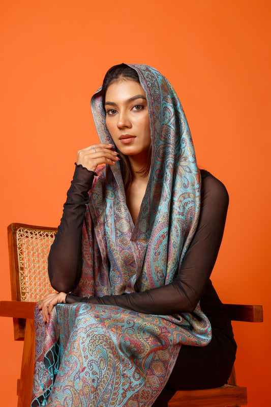 OMVAI Ornamental Paisley Premium Woven Silk Stole - Aqua Blue