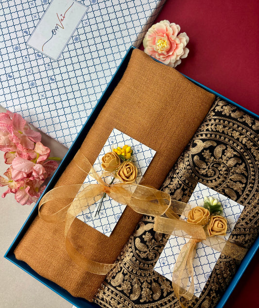 OMVAI Embroidery Pashmina Stole Combo Gift Set in Pure Cashmere wool - Black Embroidered Stole with Silver Golden Yellow Solid Stole (Set of 2 - For HIM and for HER)