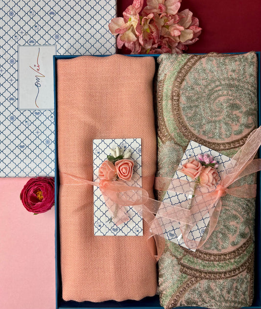 OMVAI Embroidery Pashmina Stole Combo Gift Set in Pure Cashmere wool - Natural Embroidered Stole with Peach Solid Stole (Set of 2 - For HIM and for HER)