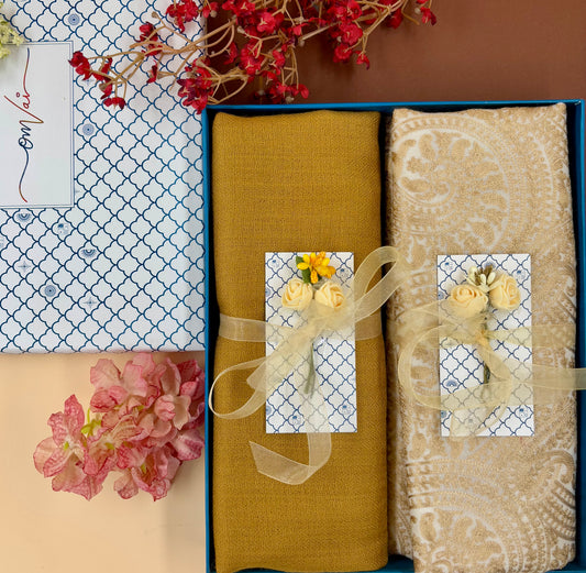 OMVAI Embroidery Pashmina Stole Combo Gift Set in Pure Cashmere wool - Beige Embroidered Stole with Nude Gold Solid Stole (Set of 2 - For HIM and for HER)