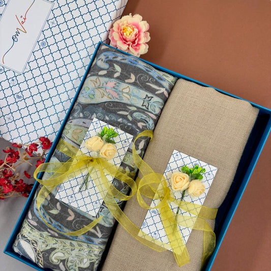 OMVAI Pashmina Stole Combo Gift Set in Pure Cashmere wool - Beige Kalamkari Kani with Embroidery and solid (Set of 2 - For HIM and for HER)