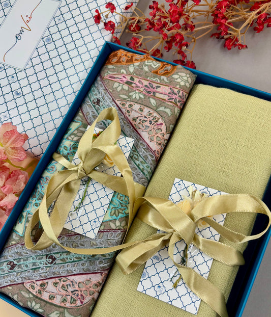 OMVAI Pashmina Stole Combo Gift Set in Pure Cashmere wool - Artichoke Kalamkari Kani with Embroidery and solid (Set of 2 - For HIM and for HER)