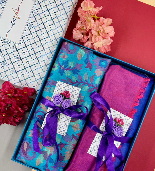 OMVAI Ladies Stole Combo Gift Set in Aqua Kani and Reversible Modal in Fine Quality (Set of 2) - For HIM and for HER)