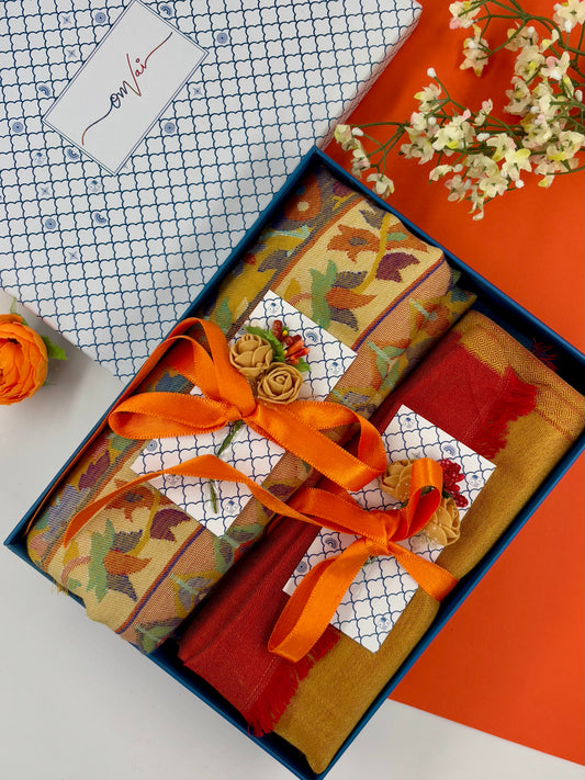 OMVAI Ladies Stole Combo Gift Set in Ochre Kani and Reversible Modal in Fine Quality (Set of 2) - For HIM and for HER