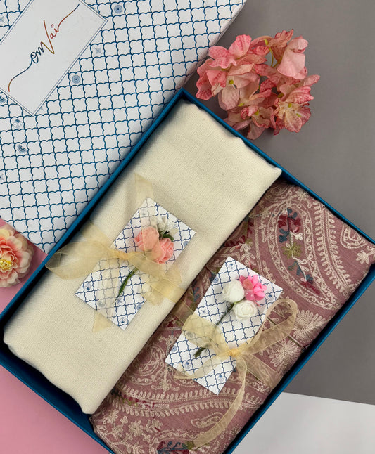 OMVAI Embroidery Pashmina Stole Combo Gift Set in Pure Cashmere wool - Natural Embroidered Stole with Ivory Solid Stole (Set of 2 - For HIM and for HER)