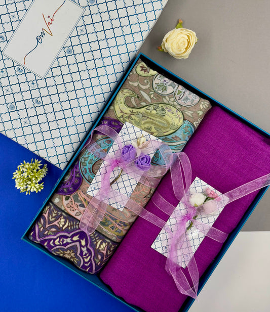 OMVAI Pashmina Stole Combo Gift Set in Pure Cashmere wool - Purple Kalamkari Kani with Embroidery and solid (Set of 2 - For HIM and for HER)