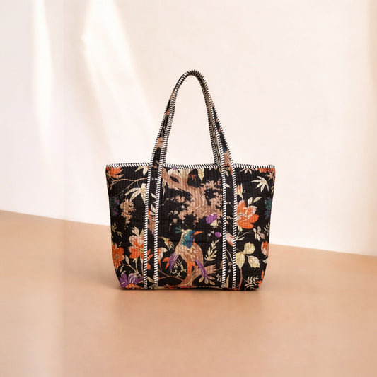Black Floral Quilted Tote Bag Set (4-Piece) | Handcrafted Cotton
