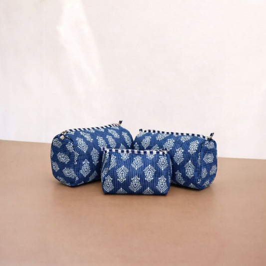 Indigo Blue Block Print Quilted Tote Bag Set (4-Piece) | Handcrafted Cotton