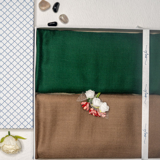 OMVAI Caramel & Dark Green Solid Pashmina Shawl Combo Gift Set in Pure Cashmere wool (Set of 2 - For HIM and for HER)