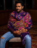 Bold Paisley Kalamkari Kani Stole with Hand embroidery - Purple