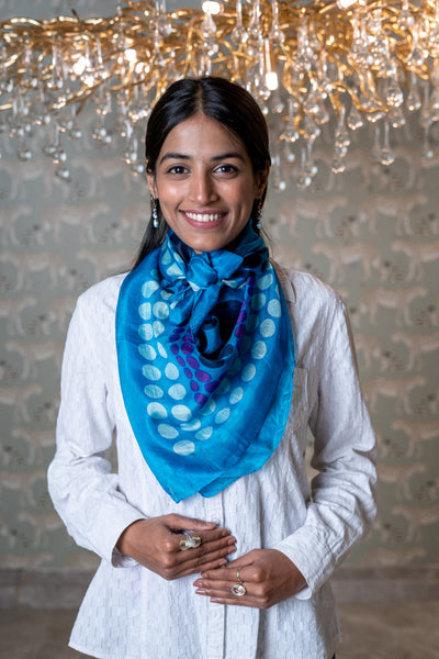 小物 Hand Printed Silk Scarf - blue Navy and French Blue Foulard Print Silk Scarf | Cheap-Neckties.com