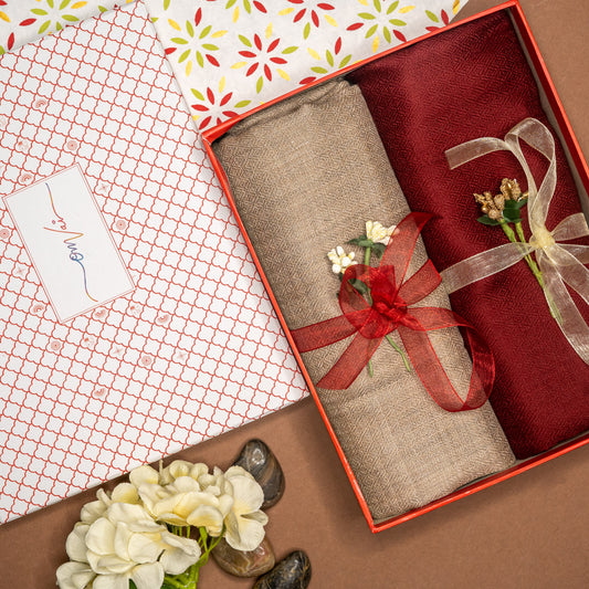 OMVAI Caramel and Red Solid Pashmina Combo Gift Set in Pure Cashmere wool (Set of 2 - For HIM and for HER)