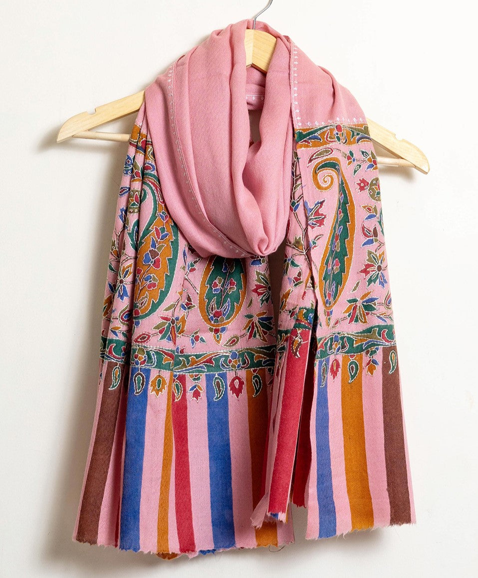 Mughal Darbaar Kalamkari Kani Stole with Hand embroidery - Pretty Pink