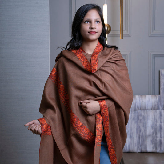 NAAZ Ethereal Sandcastle Brown Embroidered Shawl For Unisex