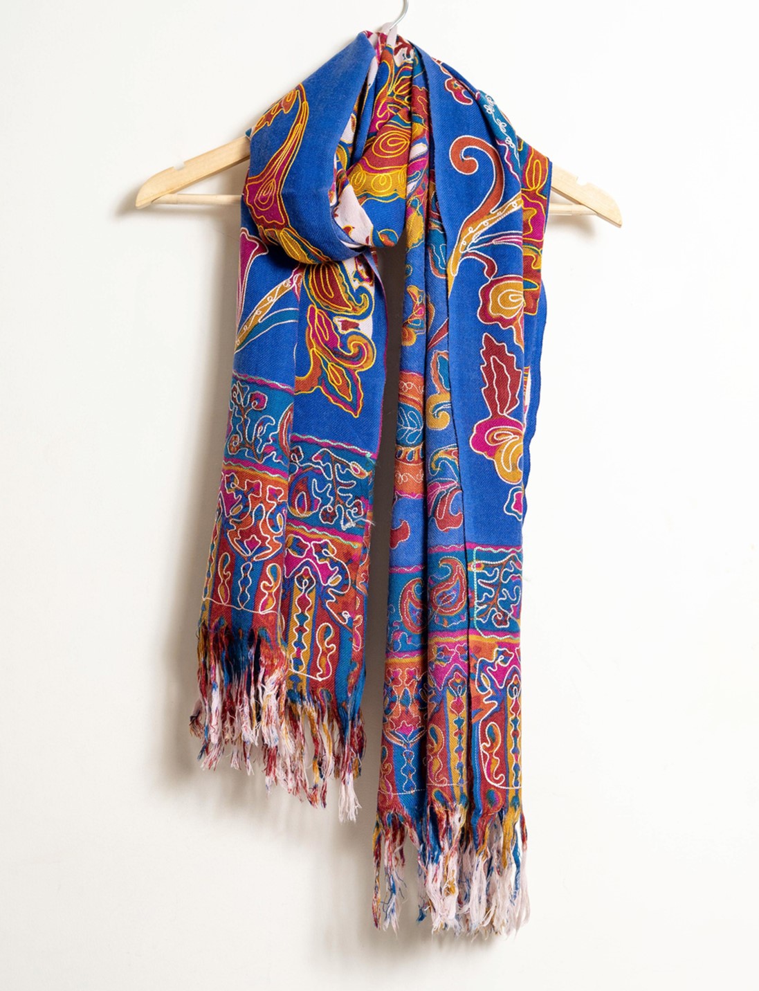 Winter Paisley Kalamkari Kani Stole with Hand embroidery - Blue Multi color