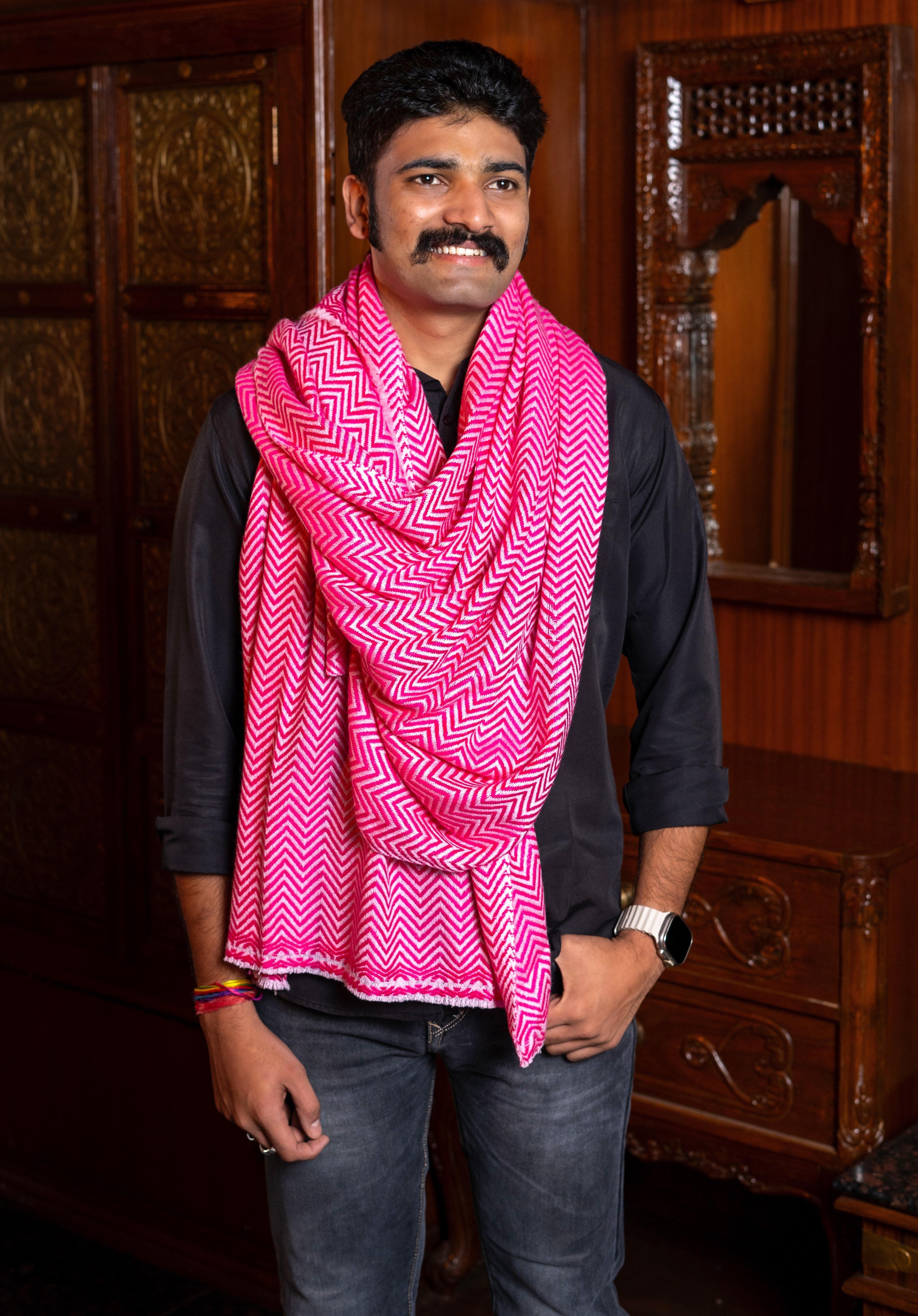 Zig Zag Patterned Super Soft Woolen Muffler - Pure Pink