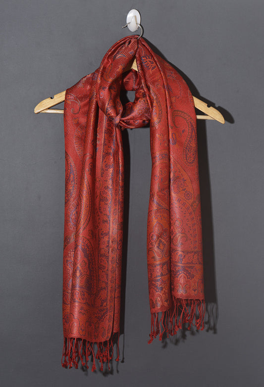 OMVAI Ornamental Paisley Premium Woven Silk Stole | Coral Red