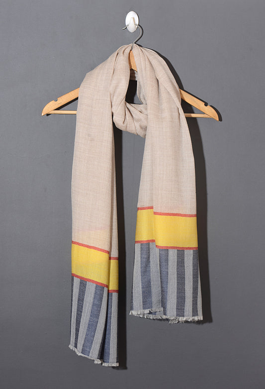 Striped Border Pashmina Stole | Natural with yellow and grey stripes