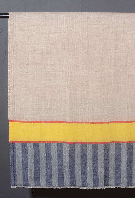 Striped Border Pashmina Stole | Natural with yellow and grey stripes