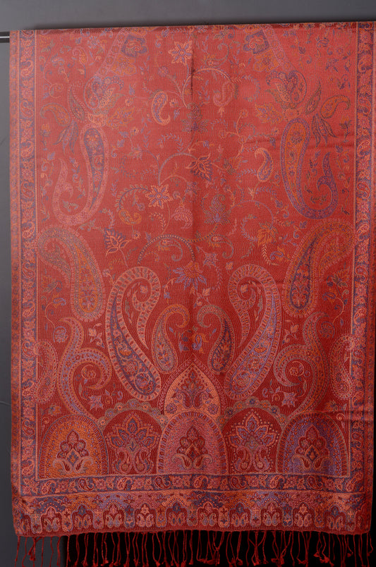 OMVAI Ornamental Paisley Premium Woven Silk Stole | Coral Red