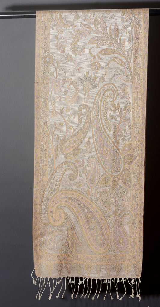 OMVAI Ornamental Paisley Premium Woven Silk Stole | Pearl White