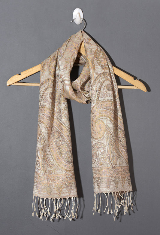 OMVAI Ornamental Paisley Premium Woven Silk Stole | Pearl White