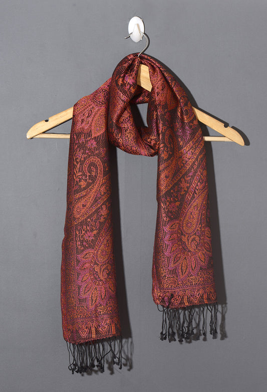 OMVAI Ornamental Paisley Premium Woven Silk Stole | Royal Burgundy