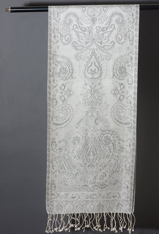 OMVAI Victorian Paisley Premium Woven Silk Stole | White Grey