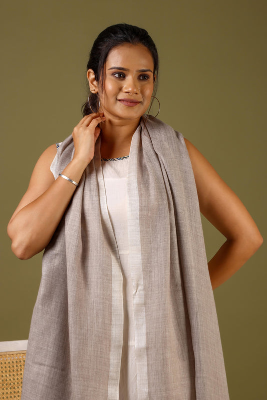 Striped Border Pashmina Stole | Natural with White border