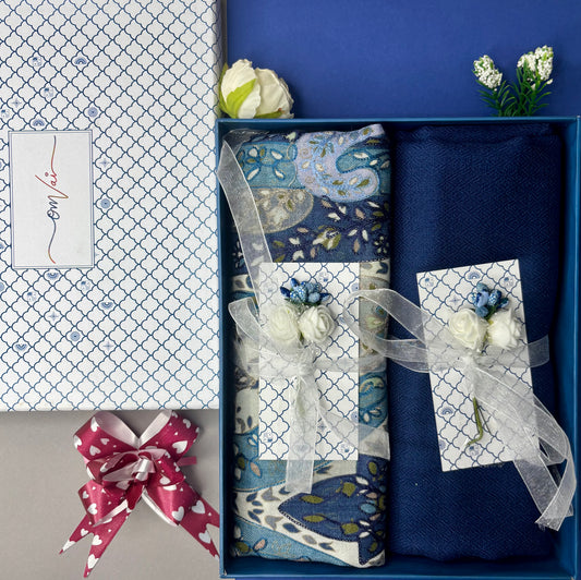 OMVAI Pashmina Stole Combo Gift Set in Pure Cashmere wool - Steel Blue Kalamkari Kani with Embroidery and solid (Set of 2 - For HIM and for HER)