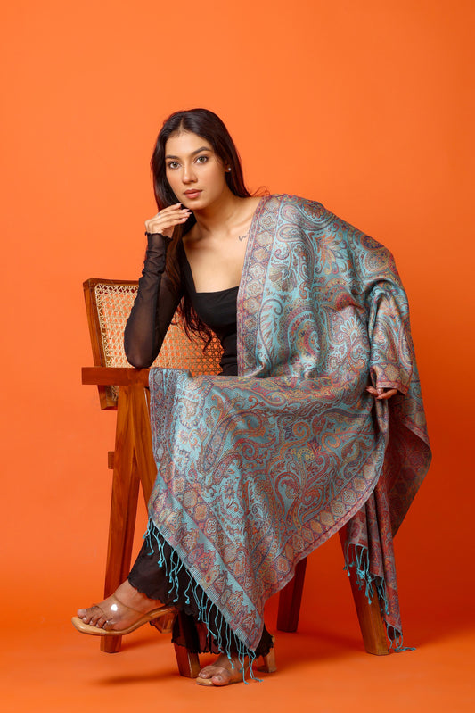 OMVAI Ornamental Paisley Premium Woven Silk Stole - Aqua Blue