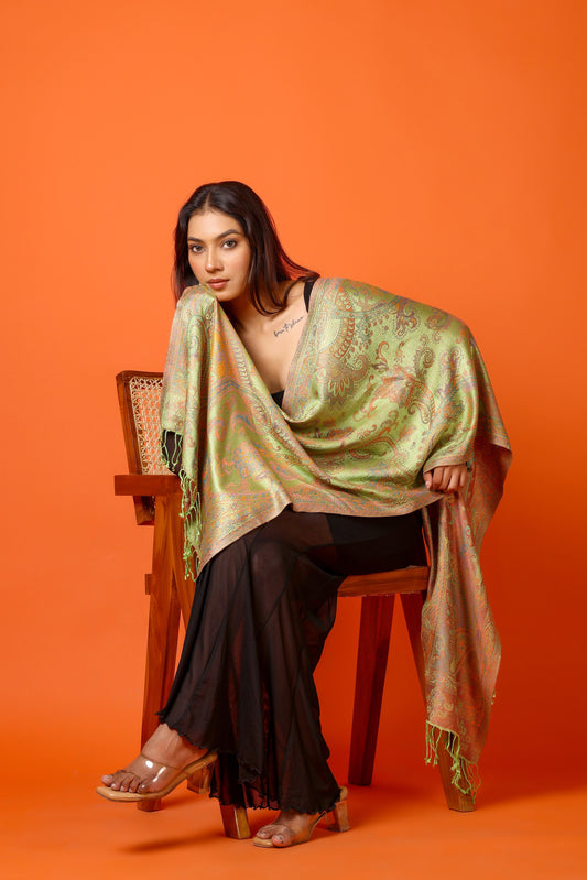 OMVAI Victorian Paisley Premium Woven Silk Stole | Warm Yellow