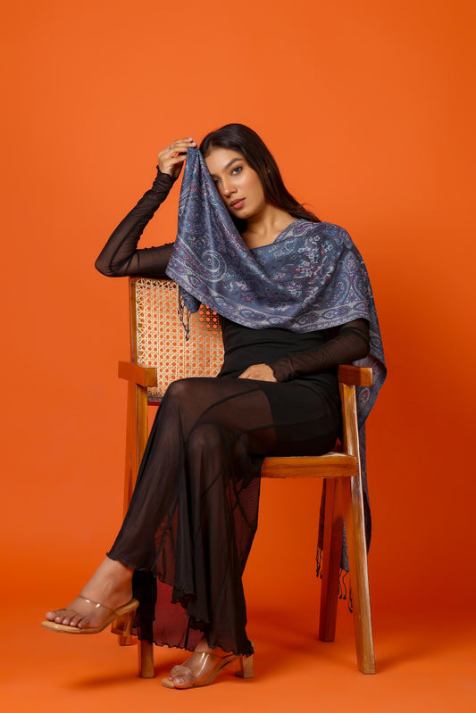 OMVAI Victorian Paisley Premium Woven Silk Stole | Blue Regalia