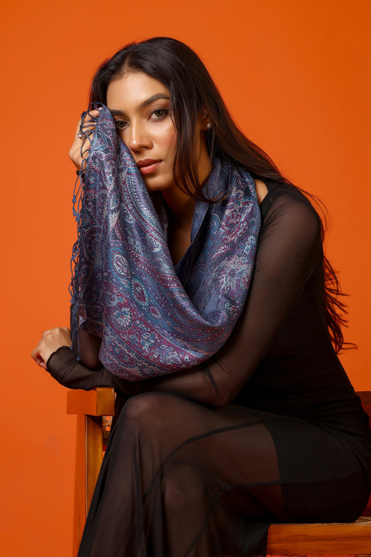OMVAI Ornamental Paisley Premium Woven Silk Stole - Blue