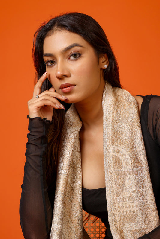 OMVAI Victorian Paisley Premium Woven Silk Stole | Nude Gold
