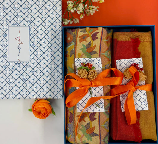 OMVAI Ladies Stole Combo Gift Set in Ochre Kani and Reversible Modal in Fine Quality (Set of 2) - For HIM and for HER